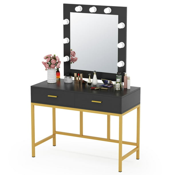 Tribesigns Vanity Table With Lighted Mirror Makeup Vanity Dressing Table With 9 Lights And 2 Drawers For Women Dresser Desk Vanity Set For Bedroom Gold And Black Walmart Com Walmart Com