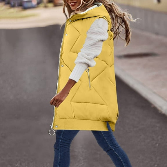 Qetyuw Womens Long Puffer Vest Sleeveless Full Zip Up Hooded Down Coat Oversized Winter Casual Jacket