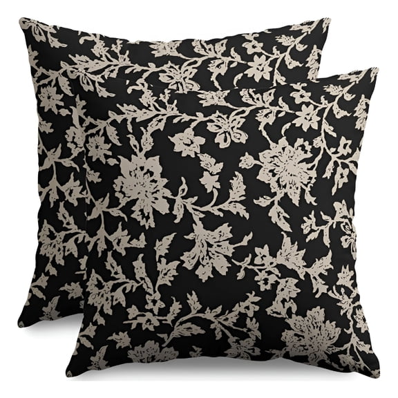 AUQ Vintage Floral Block Print Pillow Covers 20x20 Set of 2 Black Brown Cream Flower Pattern Rustic Old Style Decorative Throw Pillow Cases Outdoor Farmhouse Decoration for Sofa Couch Bed