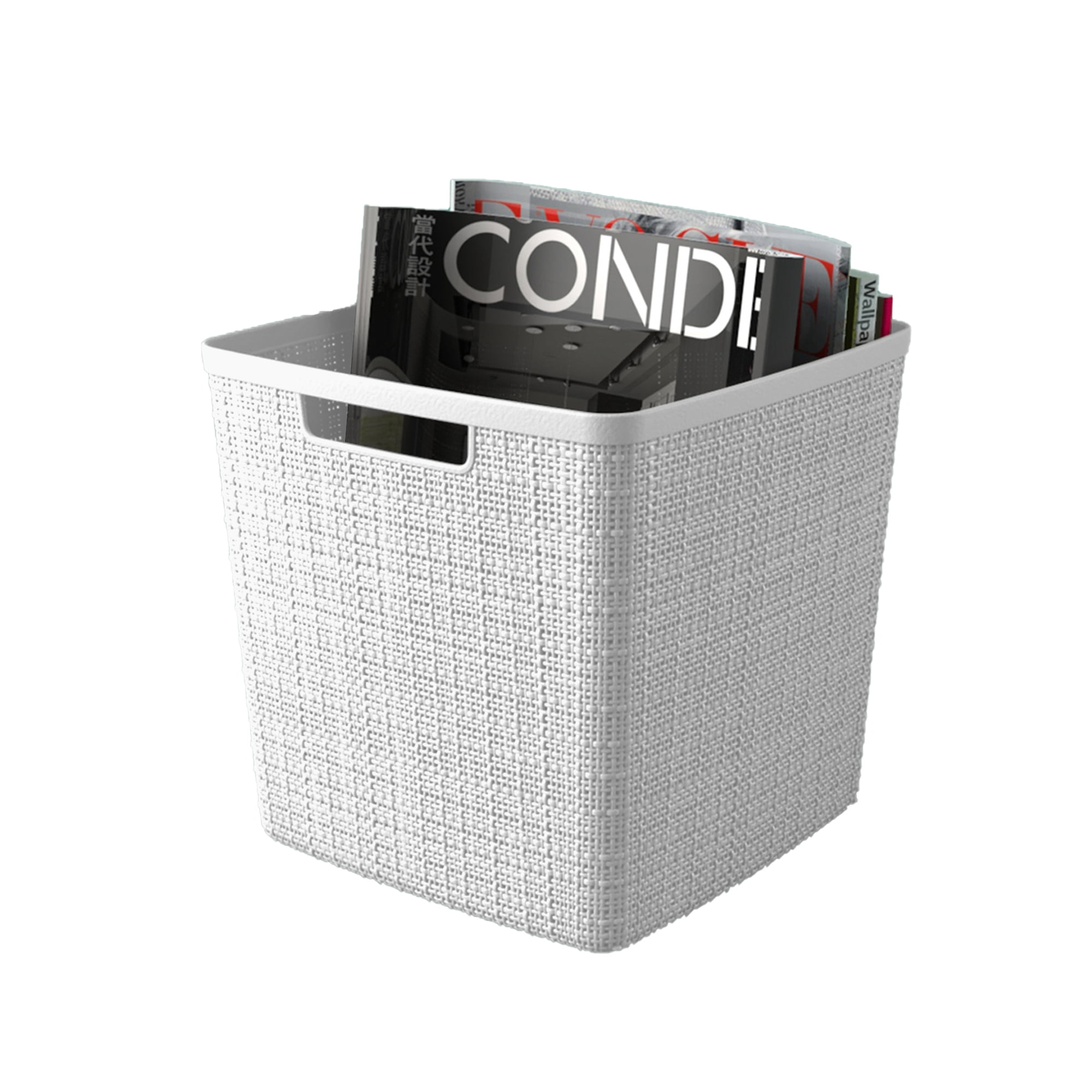 Curver Jute 11" Cube Basket, Resin Plastic Storage Bin, White, 4 Pack