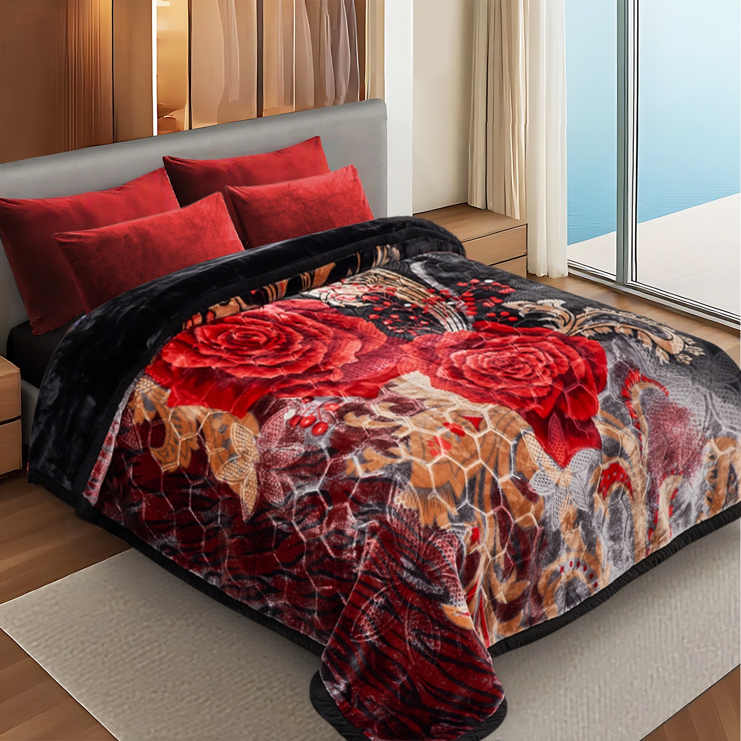 10lbs Heavy Thick A&B Pattern Blanket 2Ply Reversible - Thick Warm Plush Korean Style Bed Blanket, King Size Fleece Plush Blanket, Soft Winter Blanket For Adult 87" x 95", Black Rose