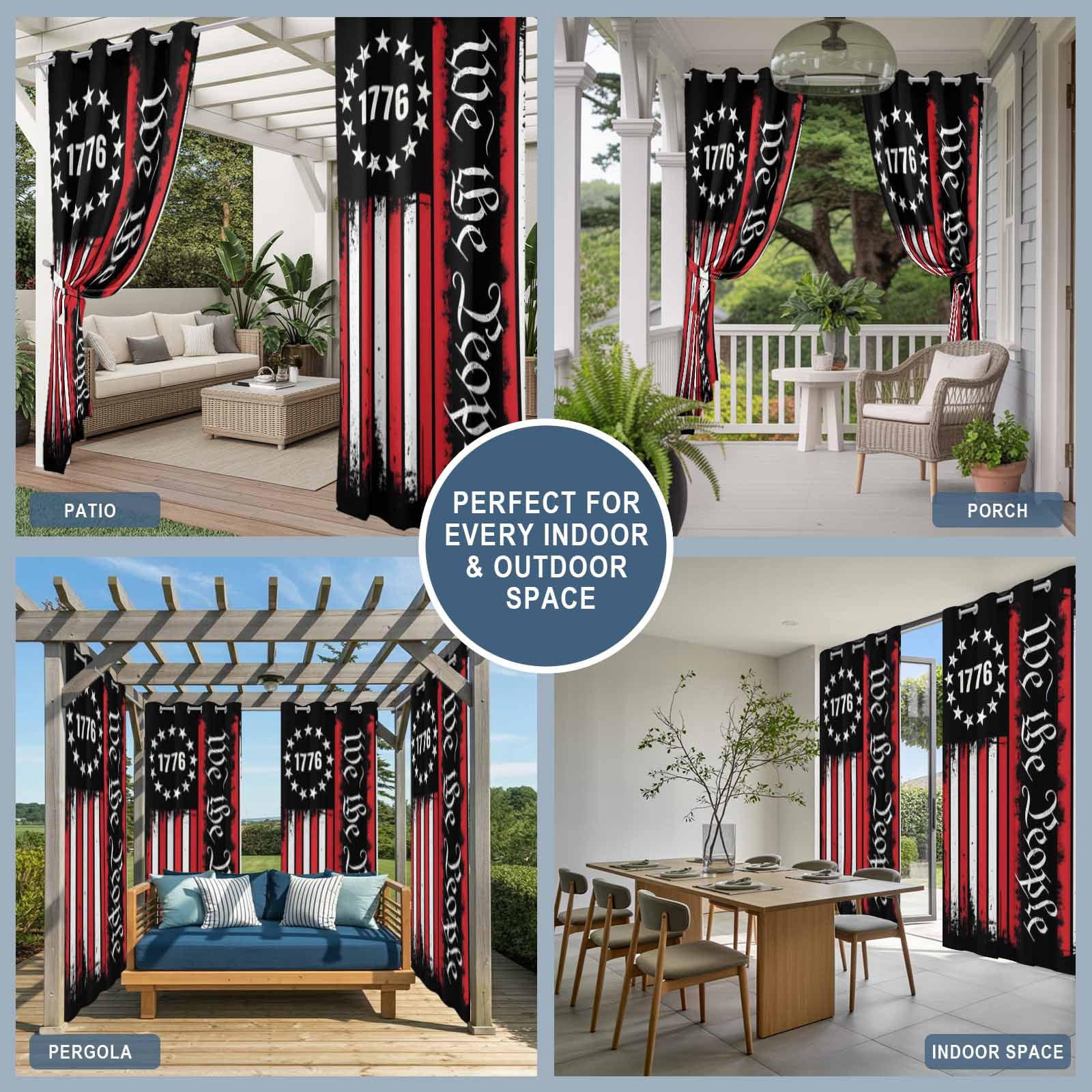 We The People Outdoor Curtains for Patio, Independence Day Rustic Red White Flag Sunshade Privacy Drapes Grommet Waterproof Outside Curtains for Porch/Cabana/Balcony 54"x 108", 1 Panel