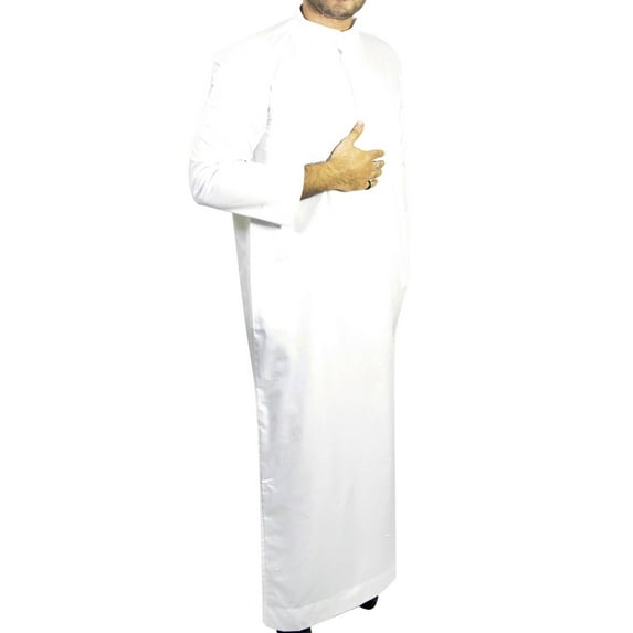 Hijaz Long Sleeve Fitted Men's Plain White Formal Thobe Cotton Arab Robe - XXXL