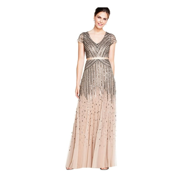 Adrianna Papell Robe Longue à Perles pour Femme à Col en V avec Manches Cap et Ceinture, Nude, 4