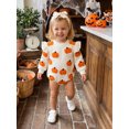 thumbnail image 4 of RUINIXCW Newborn Baby Girl My First Halloween Outfit Infant Baby Girl Fall Winter Clothes Bubble Romper Pumpkin Ghost Embroidery Ruffle Long Sleeve Bodysuit Headband Set, 4 of 9