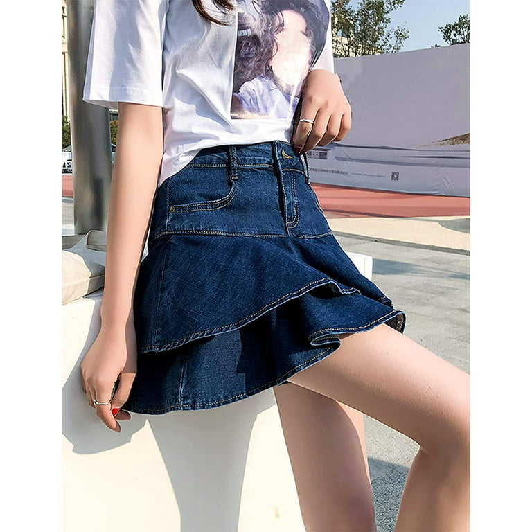Danceemangoos Womens Jean Skirt Y2K High Waist A-Line Ruffle Pleated Denim Mini Skirt, Adult Unisex, Size: 2XL, Blue