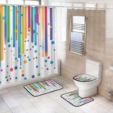 4-Piece Bathroom Set with Waterproof Shower Curtain with Non-Slip Bath Mat, U-Shaped Mat & Toilet Lid Cover Abstract Stripes and Dots