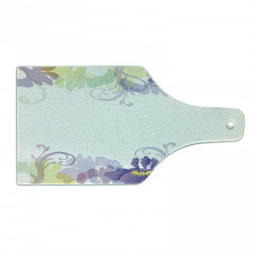 Floral Cutting Board, Classic Petals Pastel Toned Seasonal Florets Blooming Flowers Spring Print, Tempered Glass Cutting and Serving Board, Wine Bottle Shape, Purple Pale Green, by Ambesonne