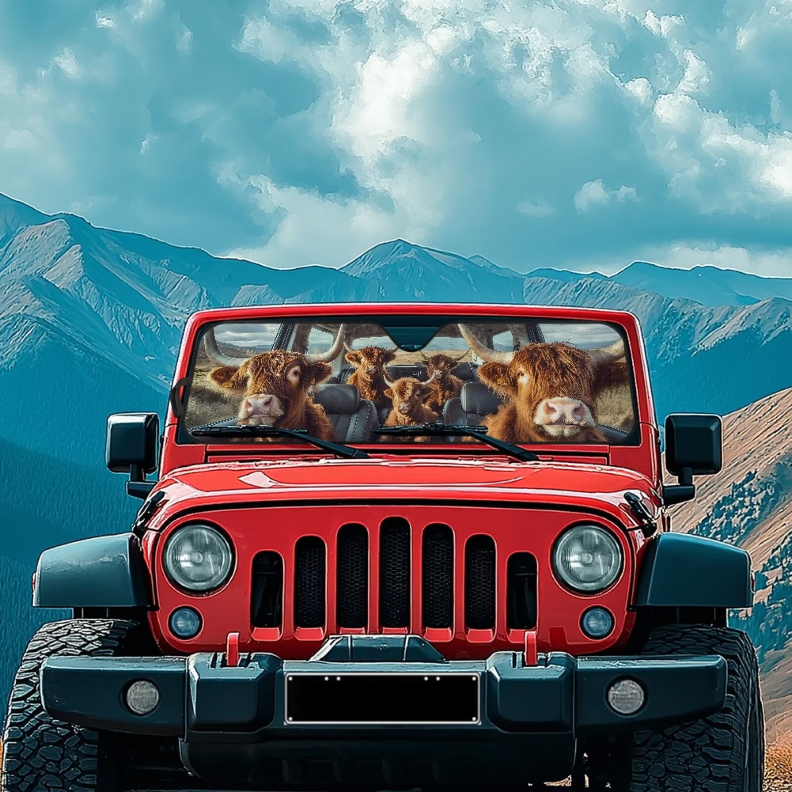 HUIACONG Brown Cow Windshield Sun Shade for 2007-2023 Wrangler Rubicon Sahara TJ JK JKU 2 & 4 Door-Blocks UV Rays Sun Visor Protector,Car Sun Shade Keep Your Vehicle Cool