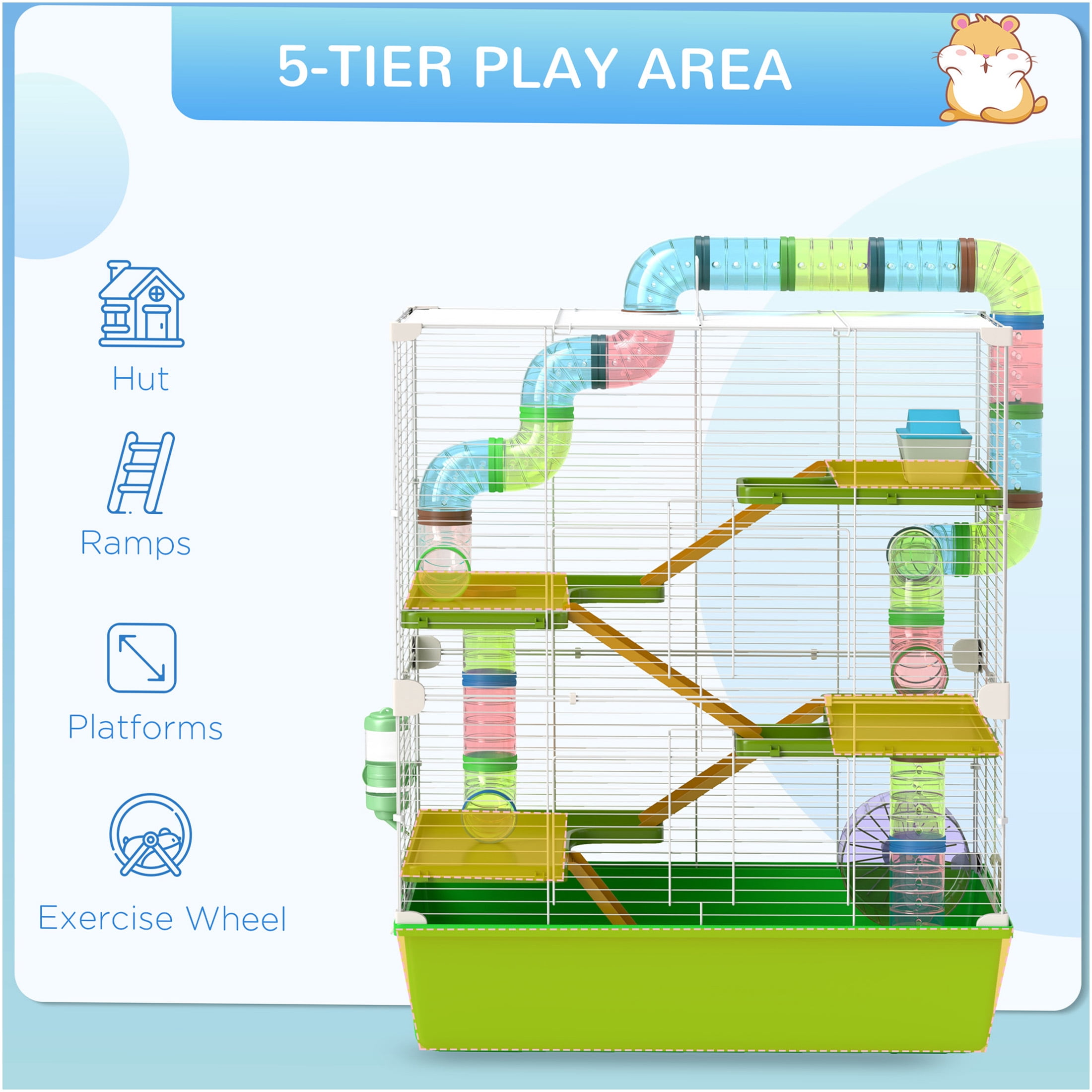 JERFIT 5-Tier Large Hamster Cage with Tubes, Wheel, Water Bottle & Food Dish - Green Steel Habitat for Mice, Rats, Gerbils