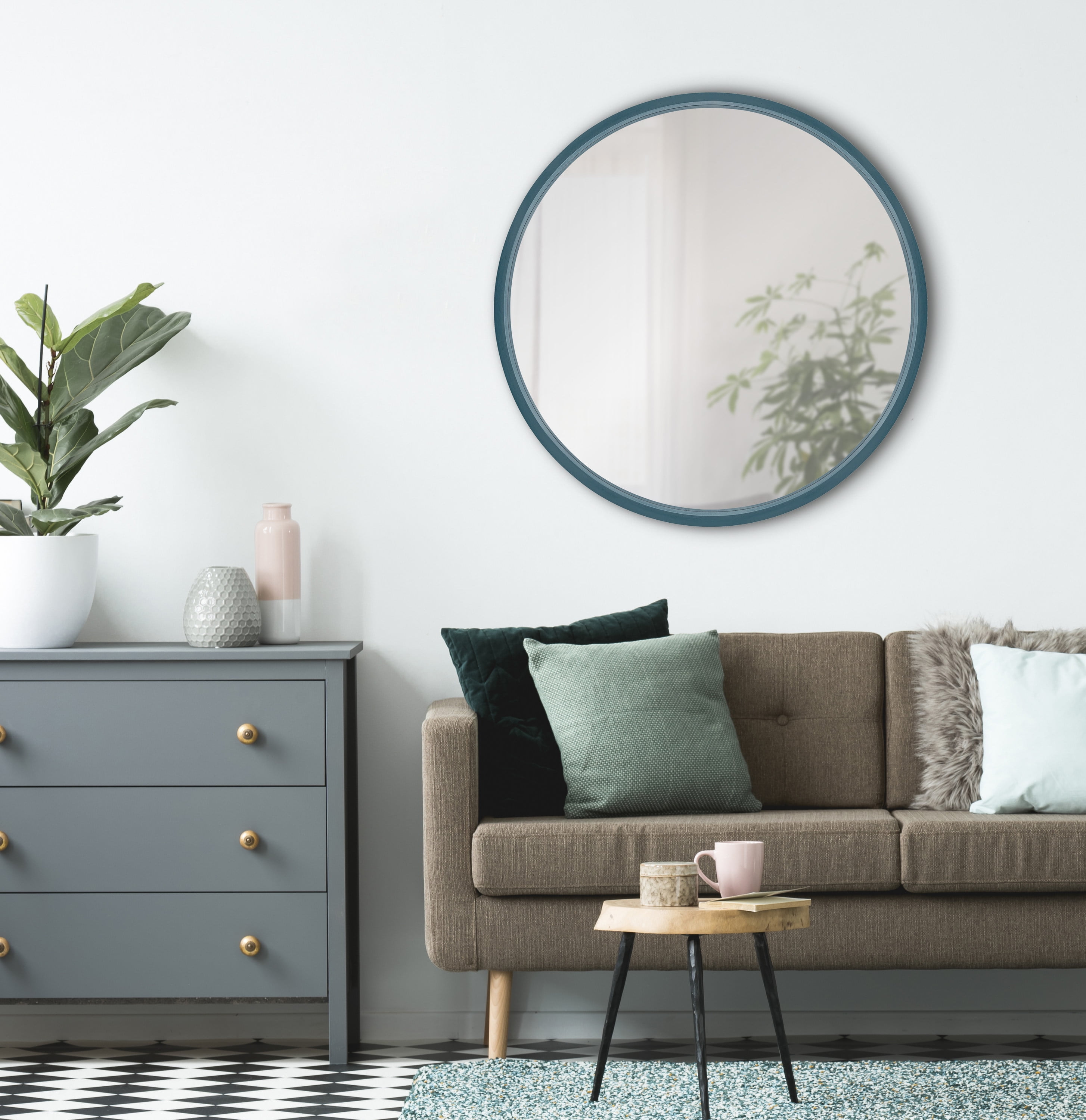 Kate and Laurel Travis Mid-Century Round Wall Mirror, 25.6 inch Diameter, Teal, Modern Accent Mirror
