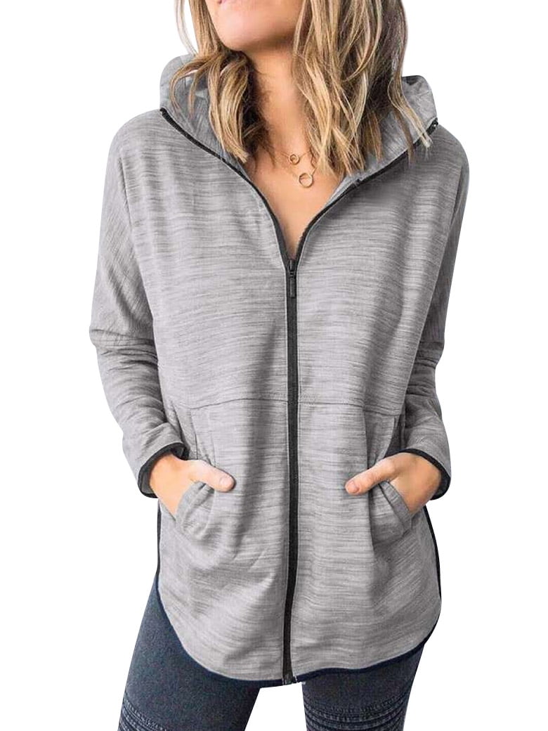 Nlife - Nlife Women Full Zipper Kangaroo Pockets Color Block Long Sleeve Hoodie Top - Walmart 