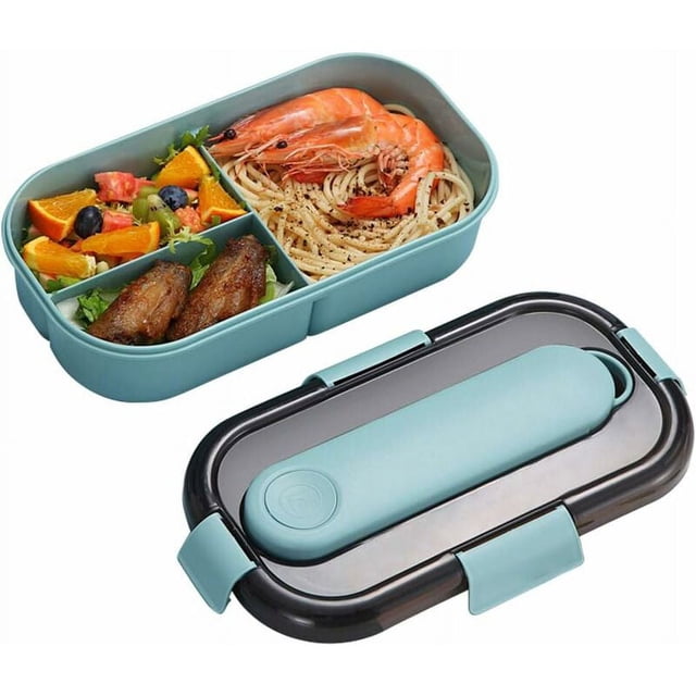 Jinsinto 3 Compartment Lunch Box and Cutlery, Leakproof Bento Box, Bento Box with Cutlery, Food Containers with Spoon Fork, Suitable for Take Out (Blue)
