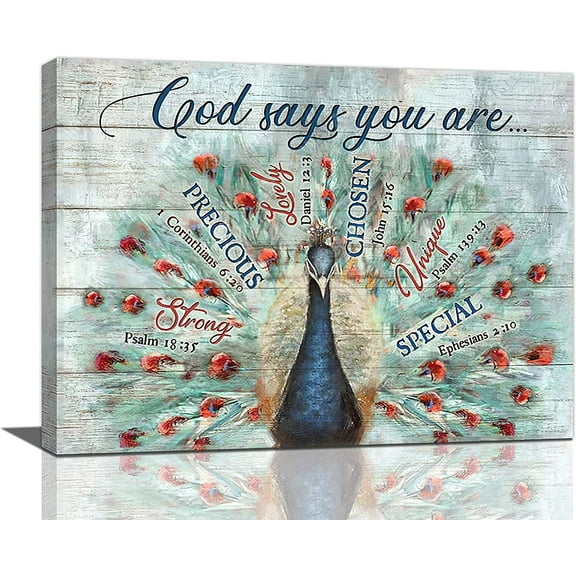 Peacock Canvas Wall Art Pictures Decor God Says You Are Bible Verse Painting Inspirational Quotes Prints Modern Artwork Framed Home Decoration for Bathroom Bedroom Living Room 16''''x12''''