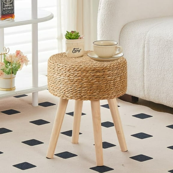 Tcbosik 13in Foot Stool with Storage, Natural Seagrass Ottoman with Solid Wood Legs, Hand Weave Hyacinth Footrest for Living Room, Bedroom, Balcony, Dark Natural