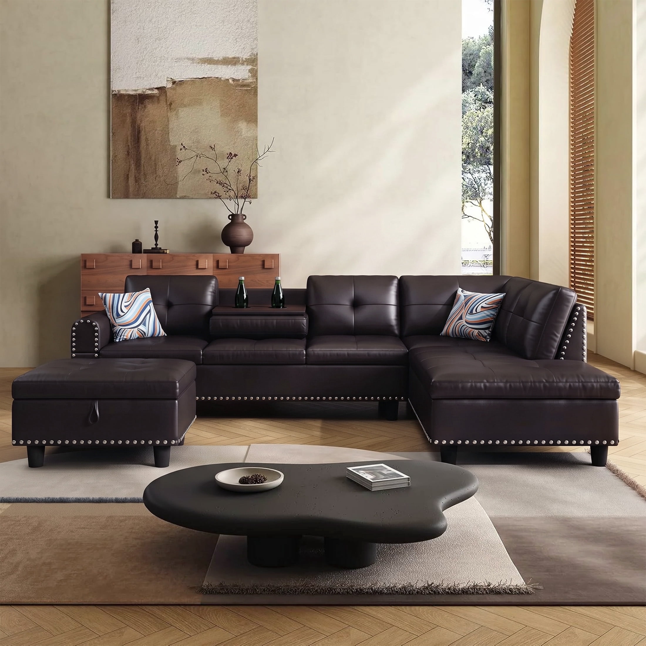 AENKYO 98" L-Shaped Sectional Sofa with Reversible Chaise, Storage Ottoman & Cup Holders, Faux Leather, Brown