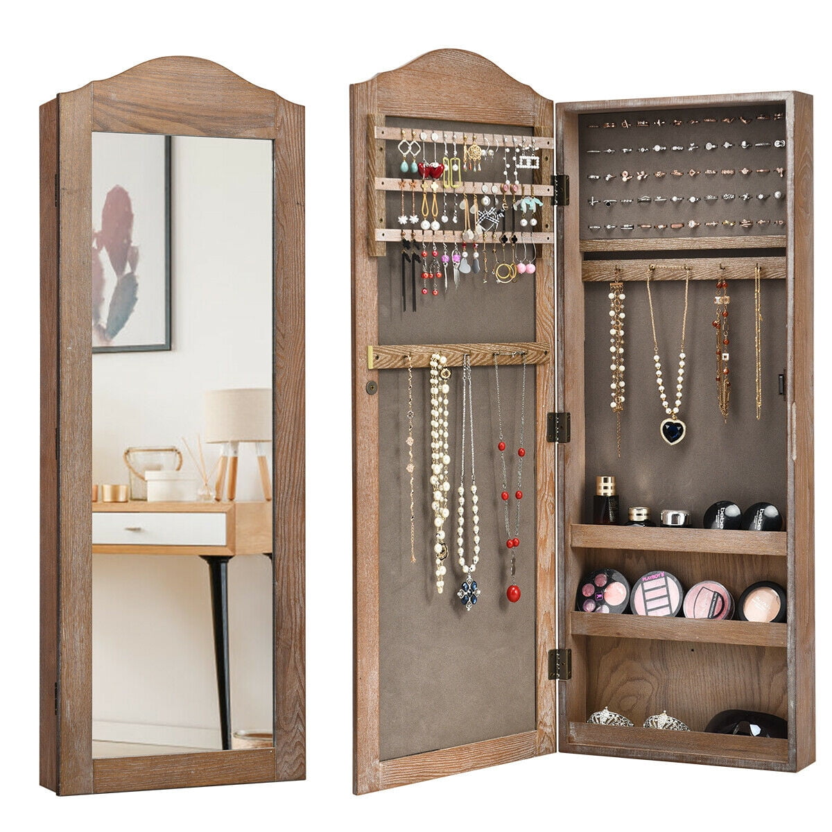 Gymax Mirrored Jewelry Cabinet Armoire, Mirrored Jewellery Cabinet Armoire