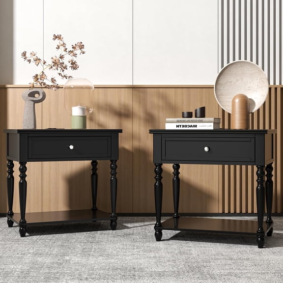 Solid Wood Nightstand with Charging Station, Traditional End Table with Drawers and Open Shelf, Bedside Table with Storage, Modern Side Table for Bedroom Set of 2, Black