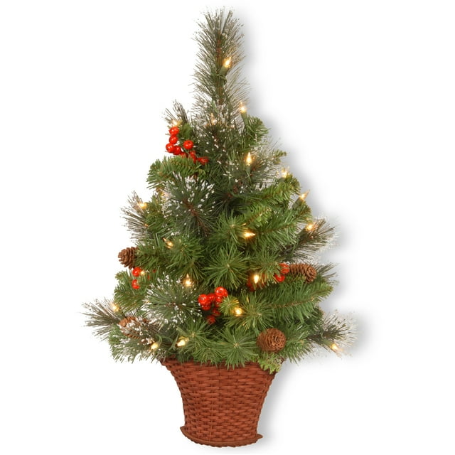 3' Épicéa Crestwood Moitié Tree avec Poils Argentés, Cônes, Baies Rouges, Paillettes dans un Panier avec 50 LEDs Blanc Chaud à Piles