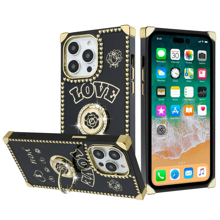 Xpression Mobile for Apple iPhone 12 /12 Pro (6.1 inch) Black Gold Fashion Square Hearts Design Diamonds Bling Sparkly with Ring Stand Cover ,Xpm Phone Case [ Love You