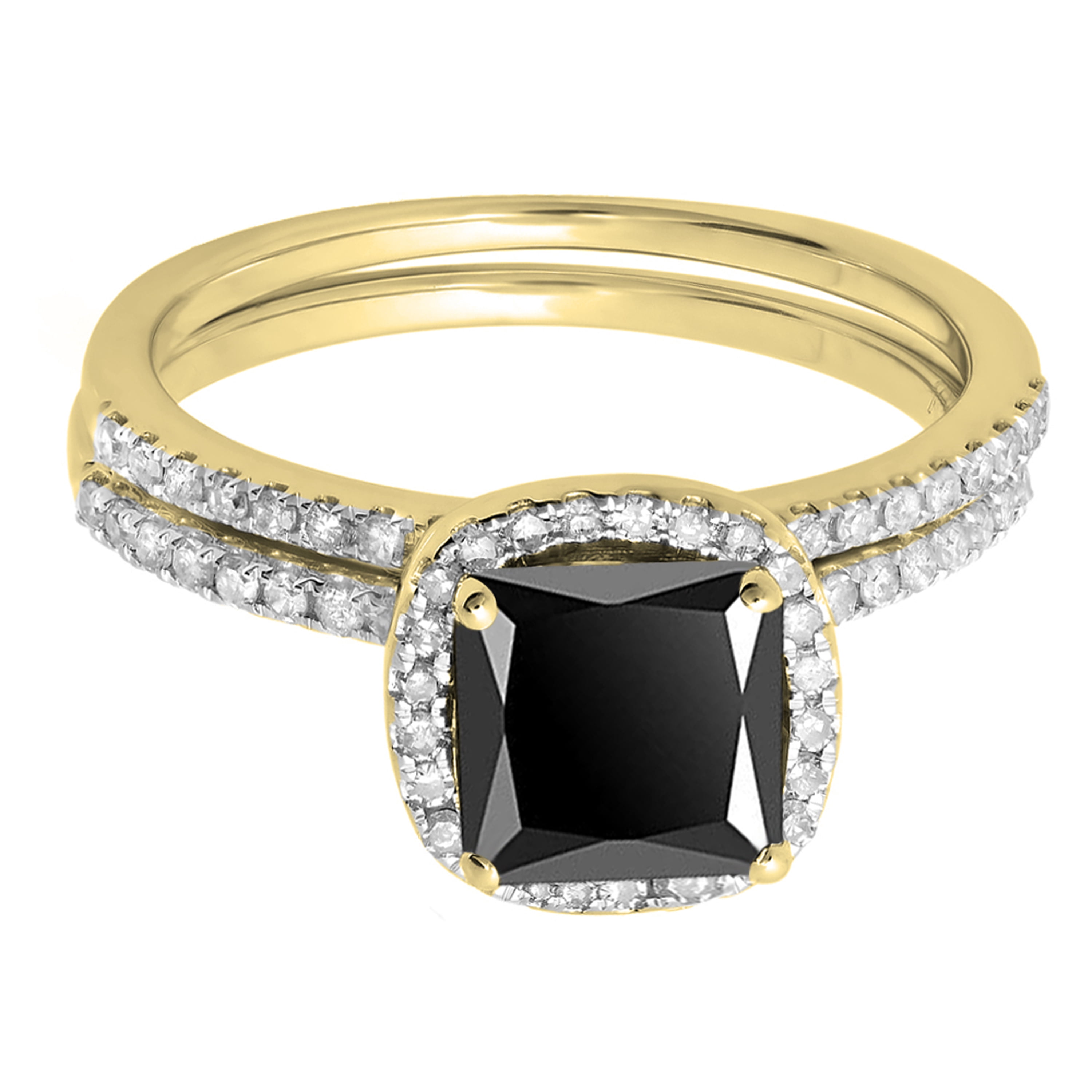 Dazzlingrock Collection 2.00 Carat (ctw) Princess Black & Round White Diamond Bridal Halo Engagement Ring Set for Women in 14K Yellow Gold, Size 9