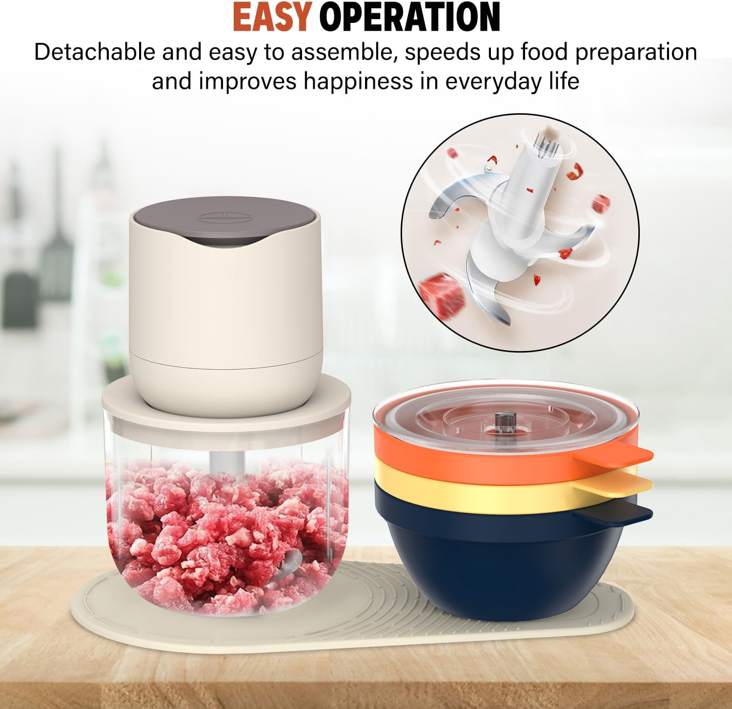 4-in-1 Small Food Processor with Bowl, OGEDNAC Electric Food Chopper, 4 Bowls, Meat Grinder, Small Blender for Baby Food & Vegetables, Beige