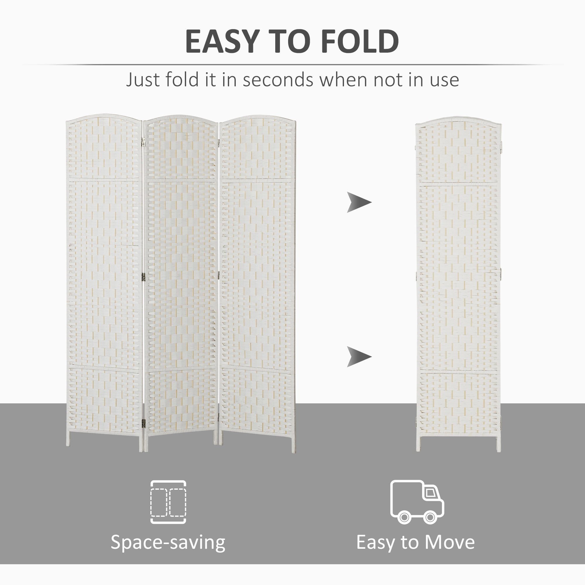 Room Divider 3 Panel Folding Privacy Screen 6FT Tall, Portable Weave Partition Wall with Poplar Wood Frame & Arched Top for Bedroom Studio Dorm, White