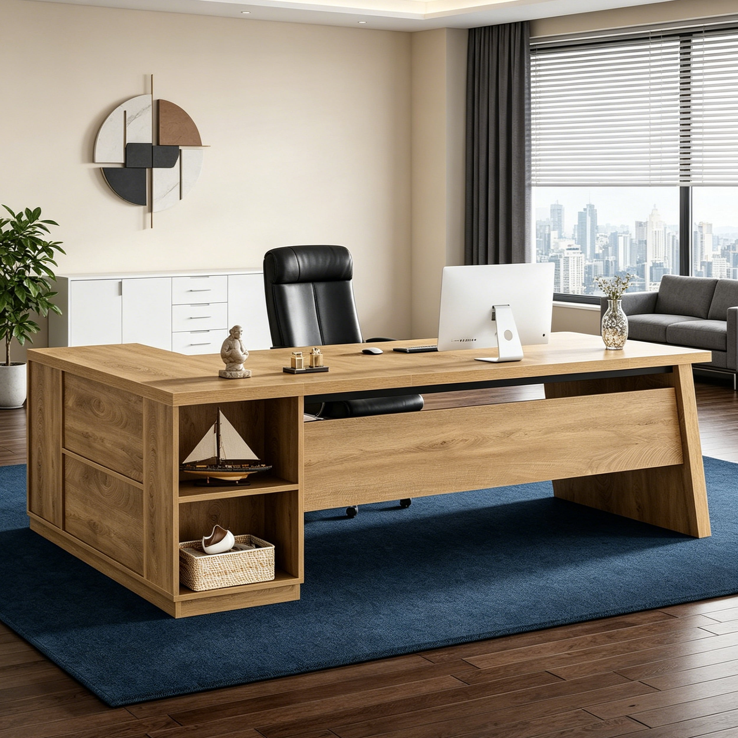 Fnova 77" Large L-Shaped Executive Office Desk with File Drawers and Storage Shelves, Modern Computer Desk Writing Desk for Home Office