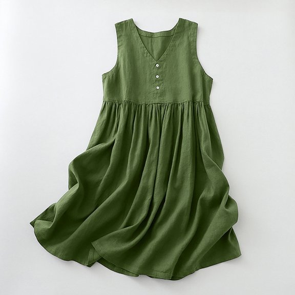 BRGZLK Women's Linen V Neck Vest Dress Front Back Two Wear Trendy Loose Cozy Literary Suspenders Dress Linen Sleeveless Midi Dresses Green XL