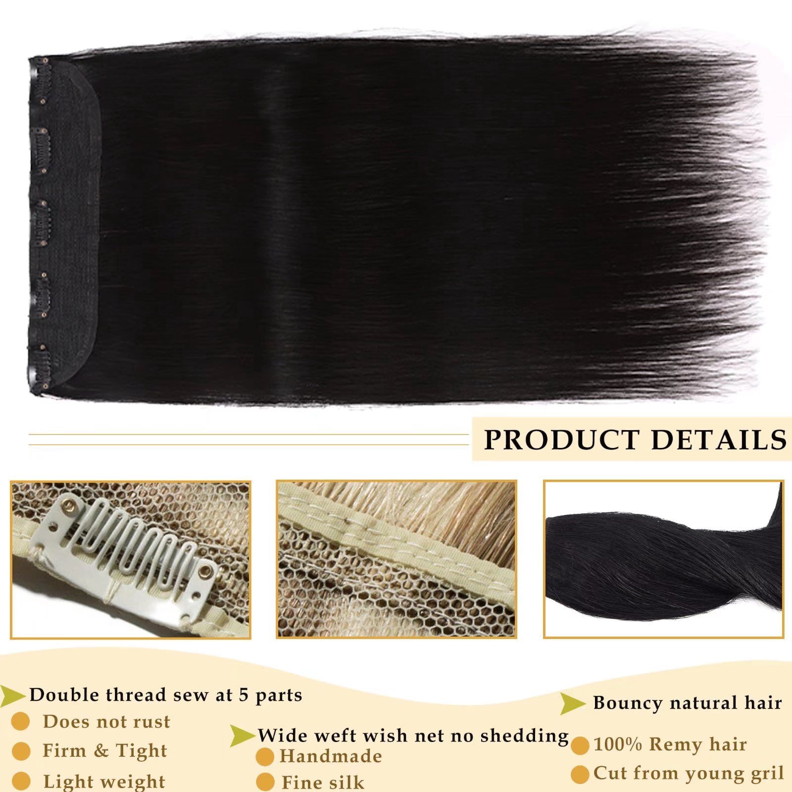 MY-LADY 10''-24'' 5 Clips in Human Hair Extensions Thick Real Natural Hair Pieces 100% Full Head Remy Hair 18inch #01 Jet Black(Heavy)