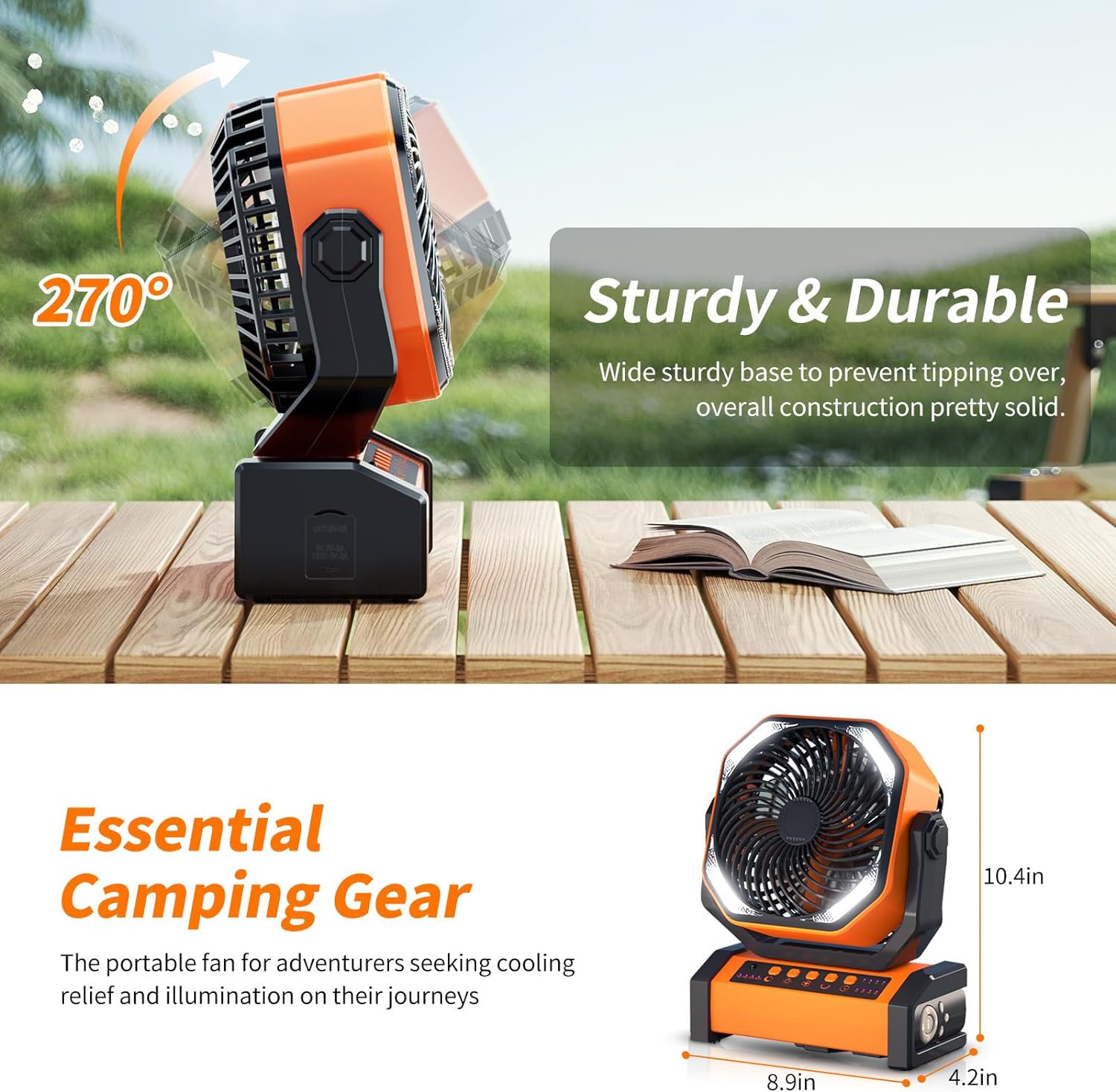 Camping LED Fan with Light, 40000mAh Rechargeable Battery Powered Outdoor Tent Fan with Light and Hook, 4 Speed, Personal USB Desk Fan for Camping, Fishing, Power Outage,Hurricane, Worksite