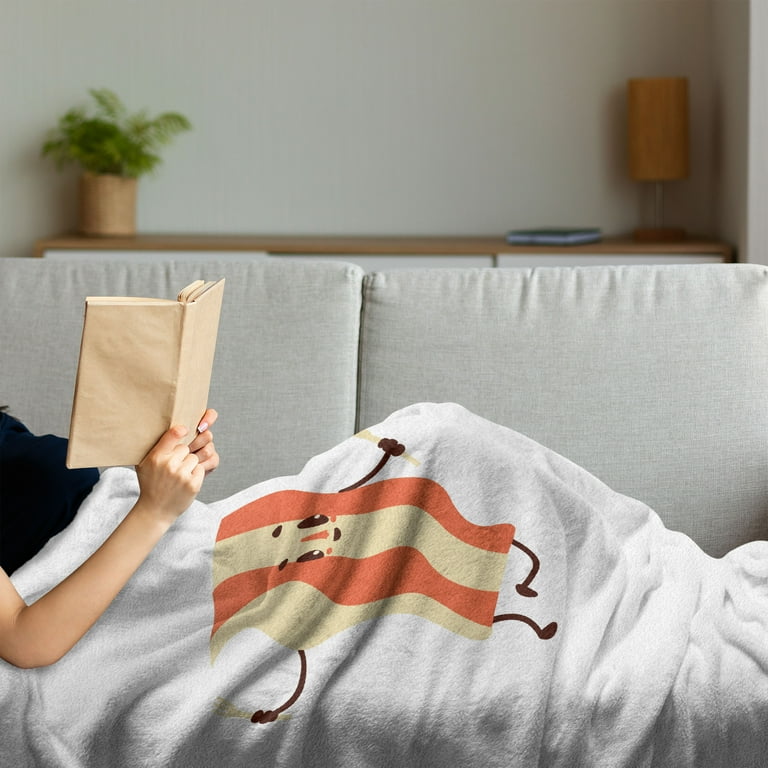 Bacon Soft Flannel Fleece Throw Blanket Funny Cartoon Characters of Side up Fried Bacon and Egg Smiling Breakfast Cozy Plush for Indoor and Outdoor