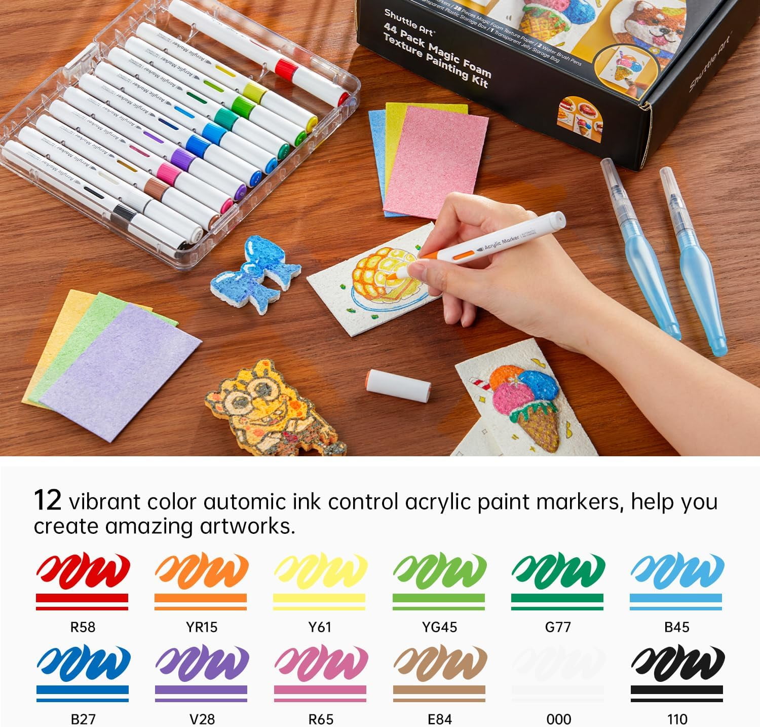Shuttle Art 44 Pcs Magic Form Texture Painting Kit, Including 28 Pcs Foam Texture Paper, 12 Colors Brush Tip Acrylic Paint Markers, Magical 3D Effect Texture Painting Kit