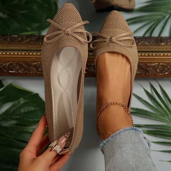 CQONEPT Women Flats Casual Comfortable Ballet Flats Walking Shoes with Arch Support Point Bowknitted Fashione Dress Shoes Khaki 40