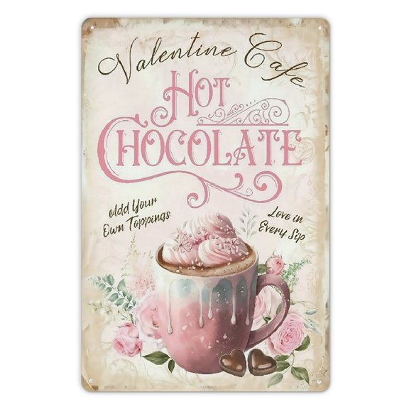 1pc Pink Valentines Hot Chocolate Metal Sign, Shabby Chic Tin Sign Plaque, Wall Hanging, No Electricity Required