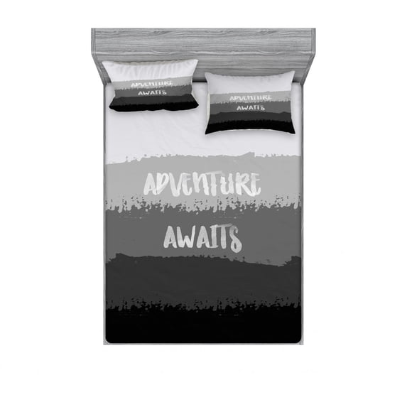 Ambesonne Saying Fitted Sheet & Pillow Sham Set, Brush Stroke Words Graphic, Full, Charcoal Grey and Black