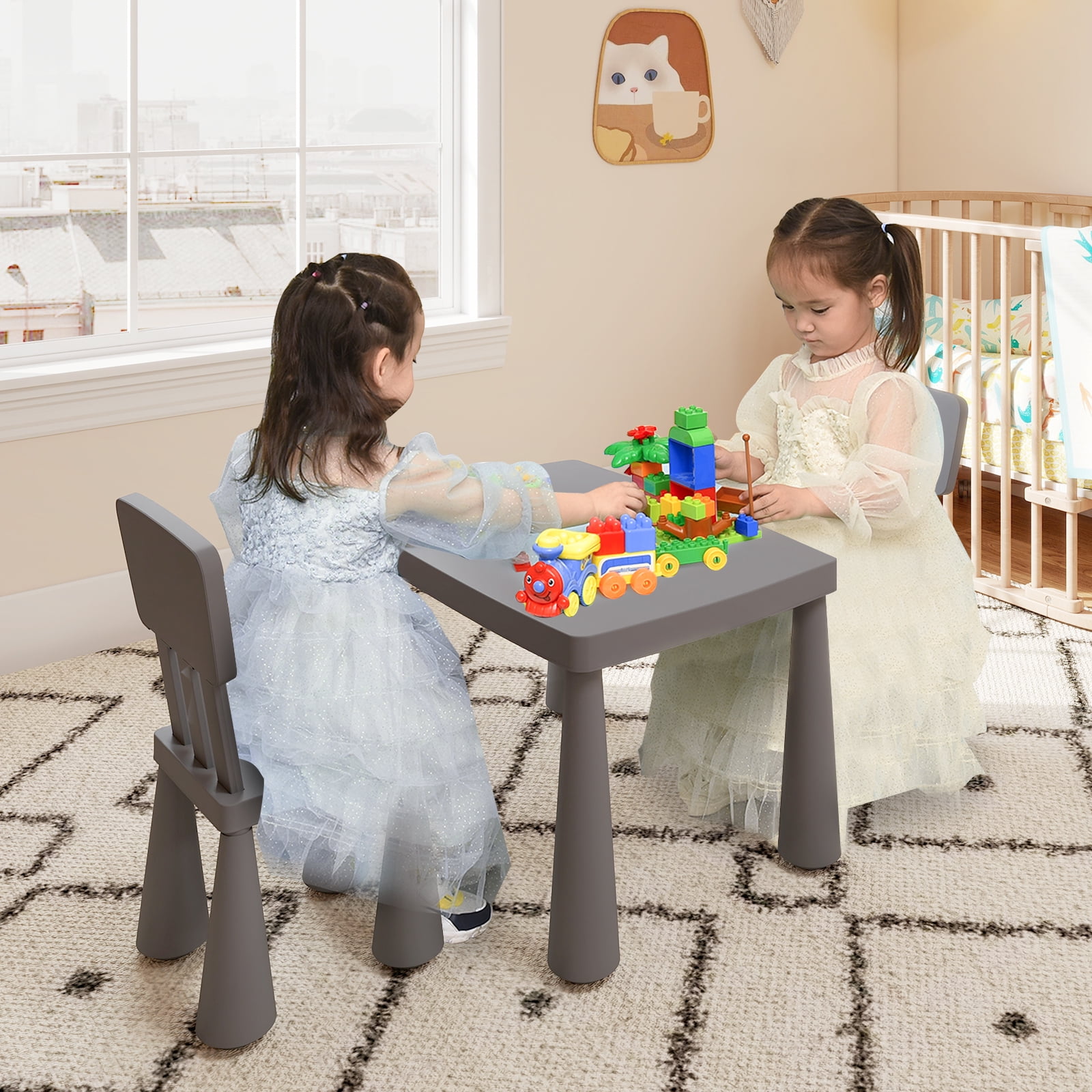 Gymax Kids Table & 2 Chairs Set Toddler Activity Play Dining Study Desk Gray