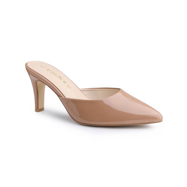 BLISSFUL STEP Women's Pointed Toe Stiletto Heels Slide Mules Nude 6
