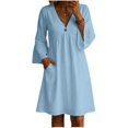 thumbnail image 4 of DuoJiaJ Womens Casual Dress, V Neck Long Sleeve Loose Fit Dresses Blue S-2XL, 4 of 7