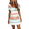 thumbnail image 1 of Txlixc Vestido de bloque de color para mujer, una pieza de manga corta con cuello en V a rayas para adultos con cordón, bolsillo Txlixc  Estilo de ocio, 1 of 9