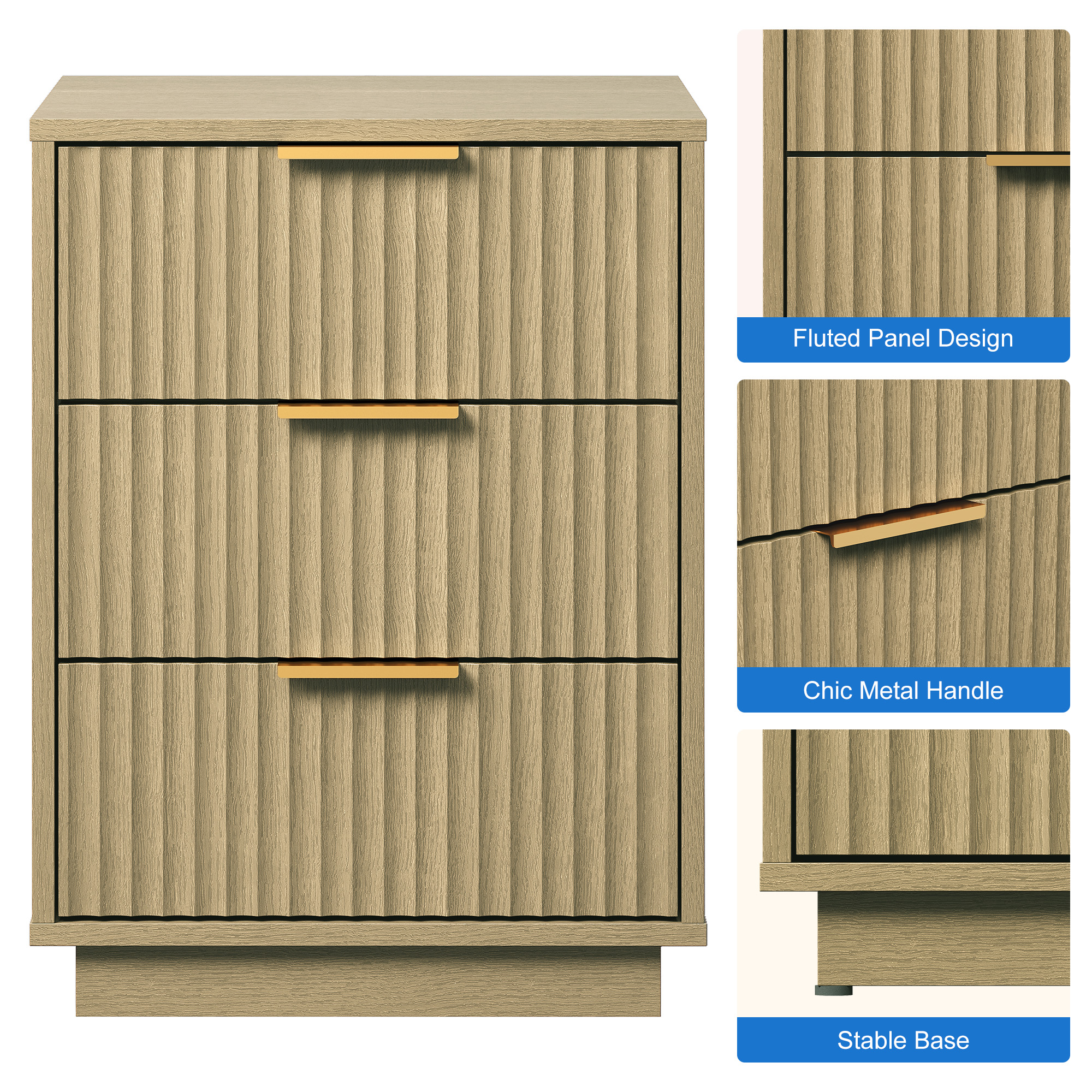 May in Color 3-Drawer Low Dresser, Compact Storage Cabinet with Wavy Drawer Fronts for Bedroom, Living Room, Entryway, or Hallway, Natural Wood Tone