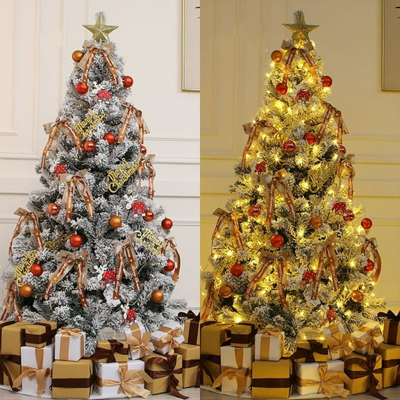 Snowflake Flocked Christmas Trees with Base, Artificial Christmas Tree with 16.4ft String Light and Ornaments, DIY Xmas Tree for Home Indoor Holiday Decorations