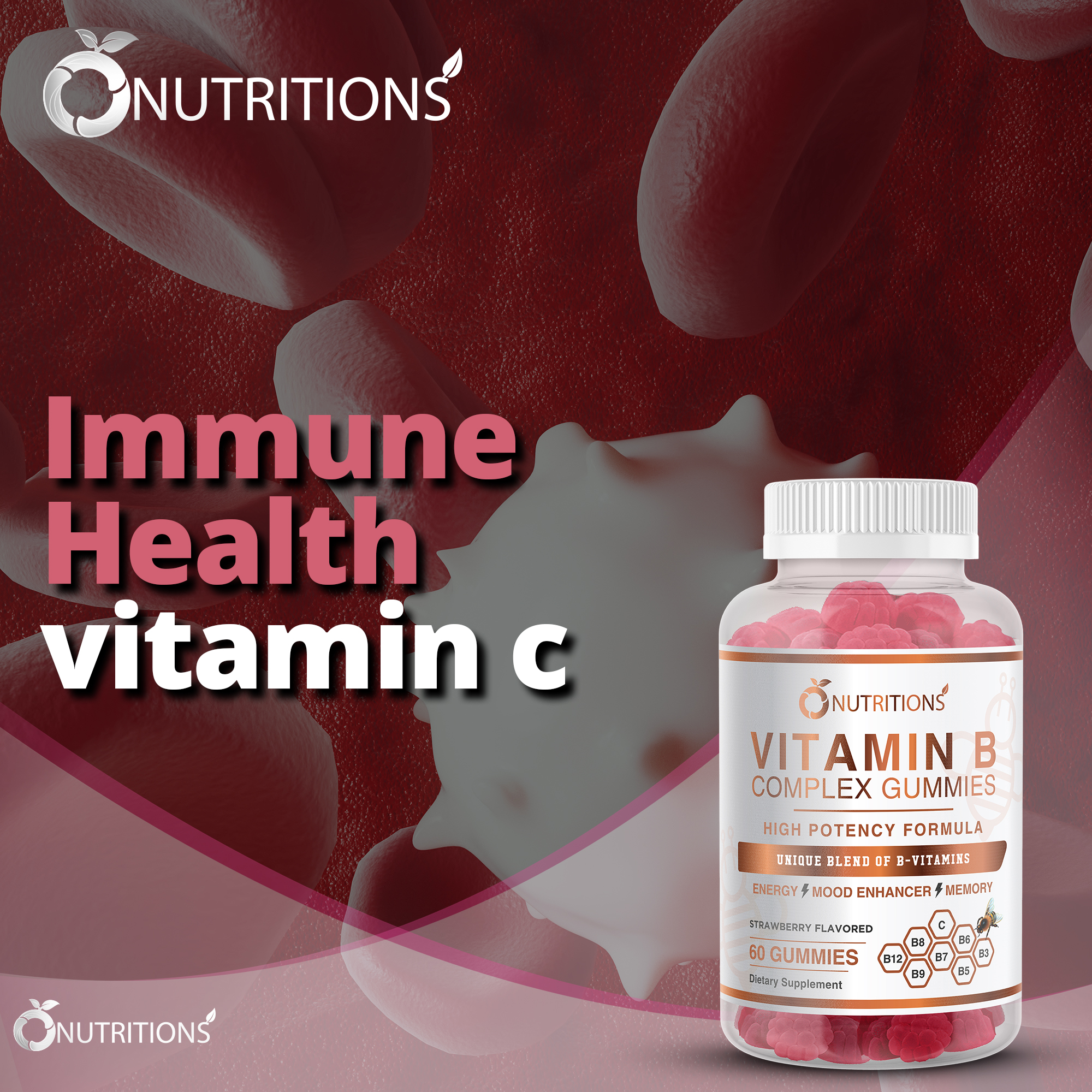 O Nutritions 2 Pack Vitamin B Complex Vegan Gummies with Vitamin B12, B7 as Biotin , B6, B3 as Niacin, B5, B6, B8, B9 - image 5 of 5