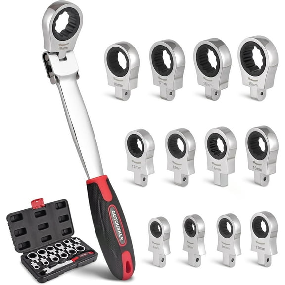 Flex Head Ratcheting Wrench Set, 8-19mm Ratchet Wrench Set with Interchangeable Heads for Mechanic Repair