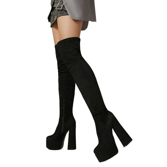 Platform over The Knee Boots for Women Sexy Slim Fit Suede Chunky Block High Heel Thigh High Long Tall Boots