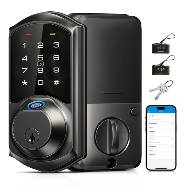 Veise Cerradura inteligente con huella digital para puerta delantera, cerrojo de entrada sin llave 7 en 1 con control de aplicación, cerraduras digitales electrónicas con teclado táctil, bloqueo autom