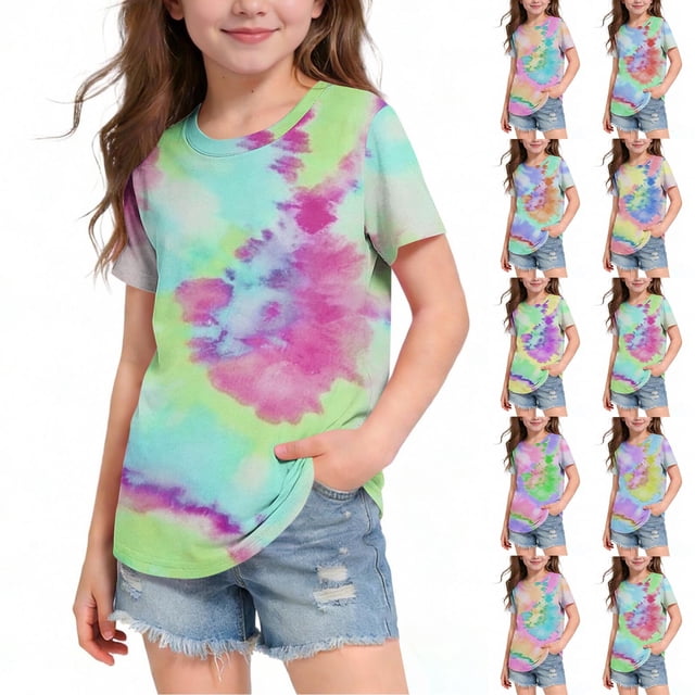 Ashirexll T-Shirts pour Filles à Manches Courtes Imprimés Col Rond Demi-Manches Haut pour Enfants Décontracté Polyvalent