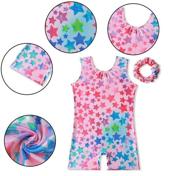 Ytdscs Toddlers Kids Gymnastics Leotards for Girls Star Pattern Biketard Sleeveless Dance Outfit with Hair Scrunchie 3-12 Years