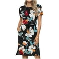 thumbnail image 2 of Wycnly Dresses for Women 2024 Fashion Elastic Waist Pocket Slit Hem Knee-Length Dresses Short Sleeve Crewneck Floral Print Summer Midi Formal Dress White s Under $5, 2 of 6