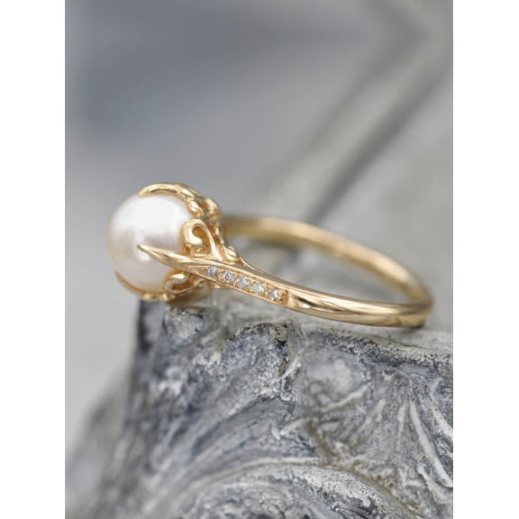 Art Deco Thin Ring ,Pearl and Moissanite Ring In 18K Gold Yellow Gold Over Silver ,June Birthstone Handmade Solitaire Statement Women Ring , Bridal Ring